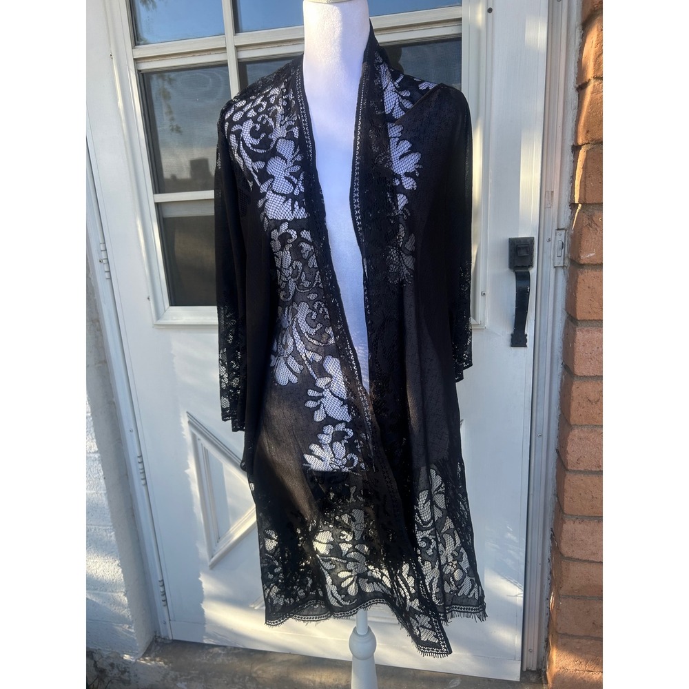 Black Floral Lace Kimono Cardigan Sheer Open Front Wrap Eyelash OSFM Festival - Picture 4 of 8
